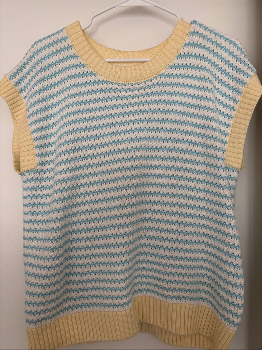 Striped Knit Crewneck Sweater Vest in Yellow and Light Blue